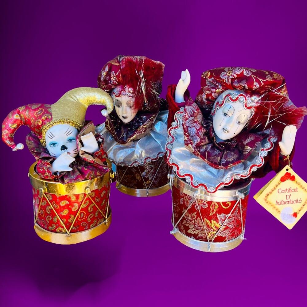 3 Piece Set Collector Edition Porcelain Collectible Jester in Musical Drum Clown